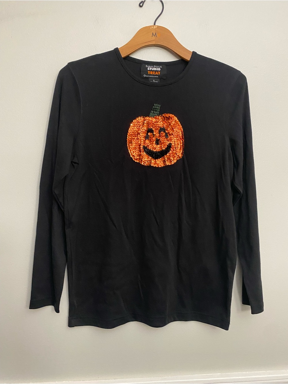 Halloween Pumpkin Sequin Beaded Black Shirt Long Sleeve- S